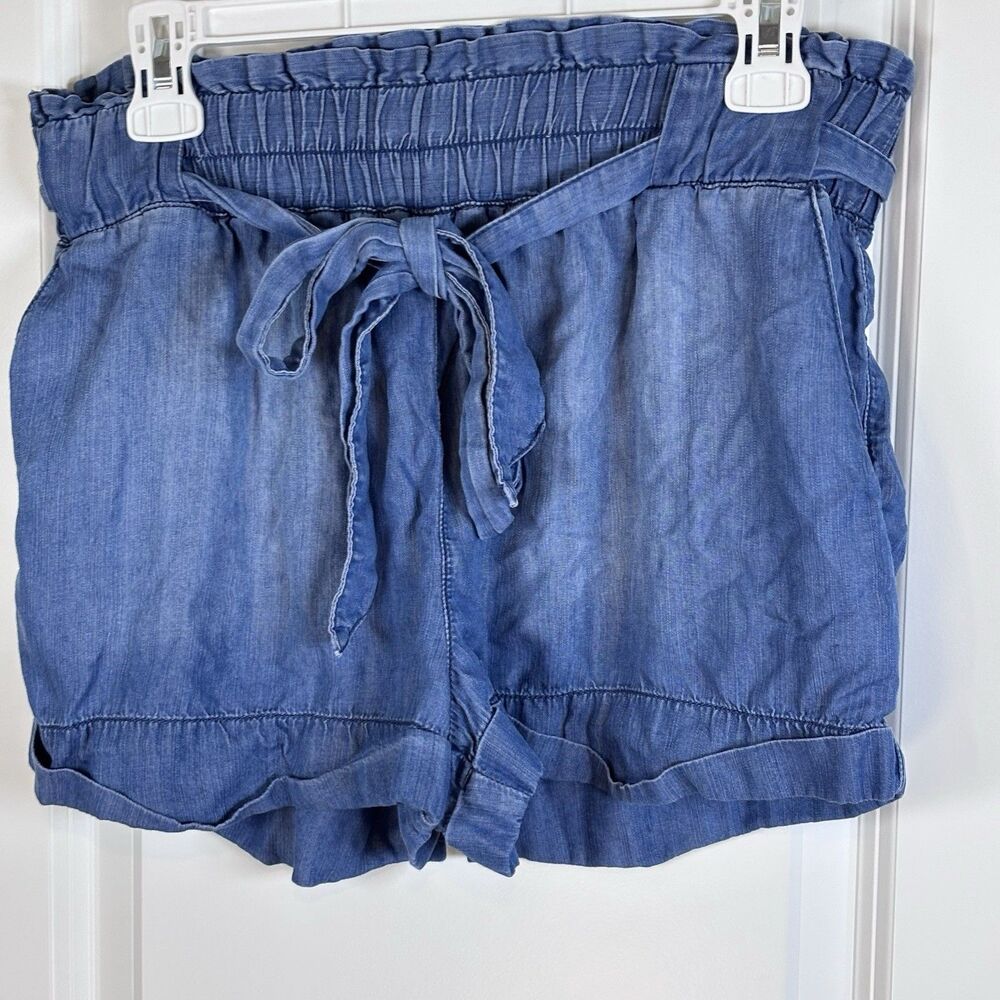 Sneak Peek Womens Medium Lyocell Chambray Paperbag Waist Tie Front Shorts Blue